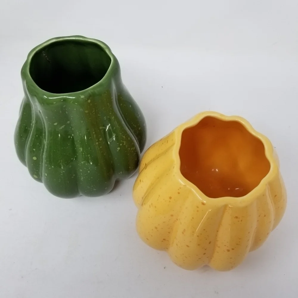 Crate and Barrel Flecked Vase Planter Gourd Squash Yellow Green Signed B Eigler